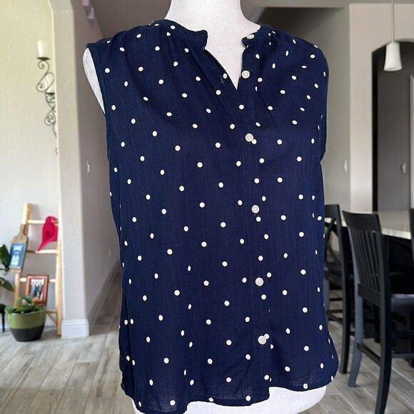 Old Navy Blue Sleeveless Button Down White Polla Dots Cotton Viscose XS Nautic - Picture 5 of 10